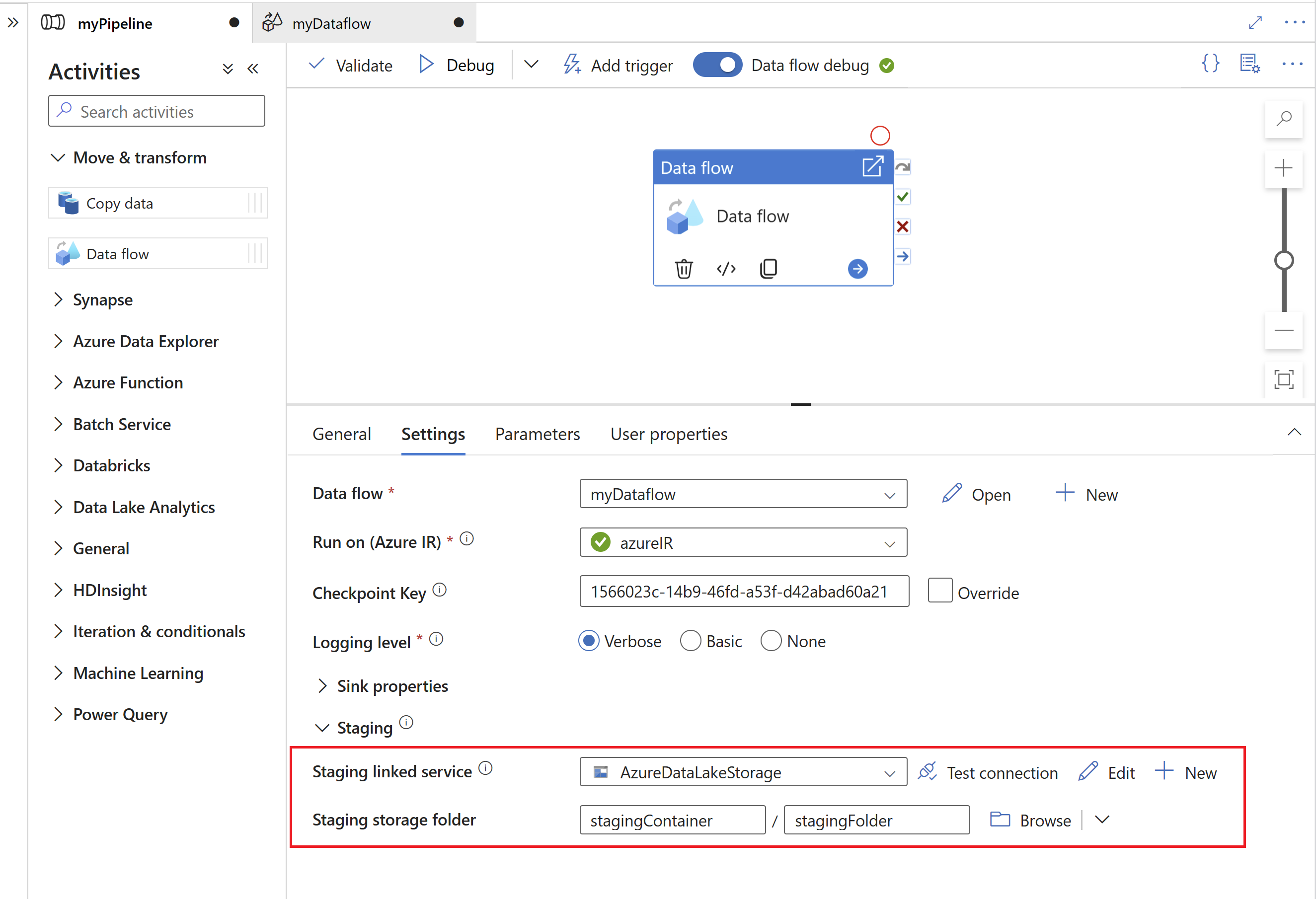 Screenshot of specify staging folder in data flow activity.