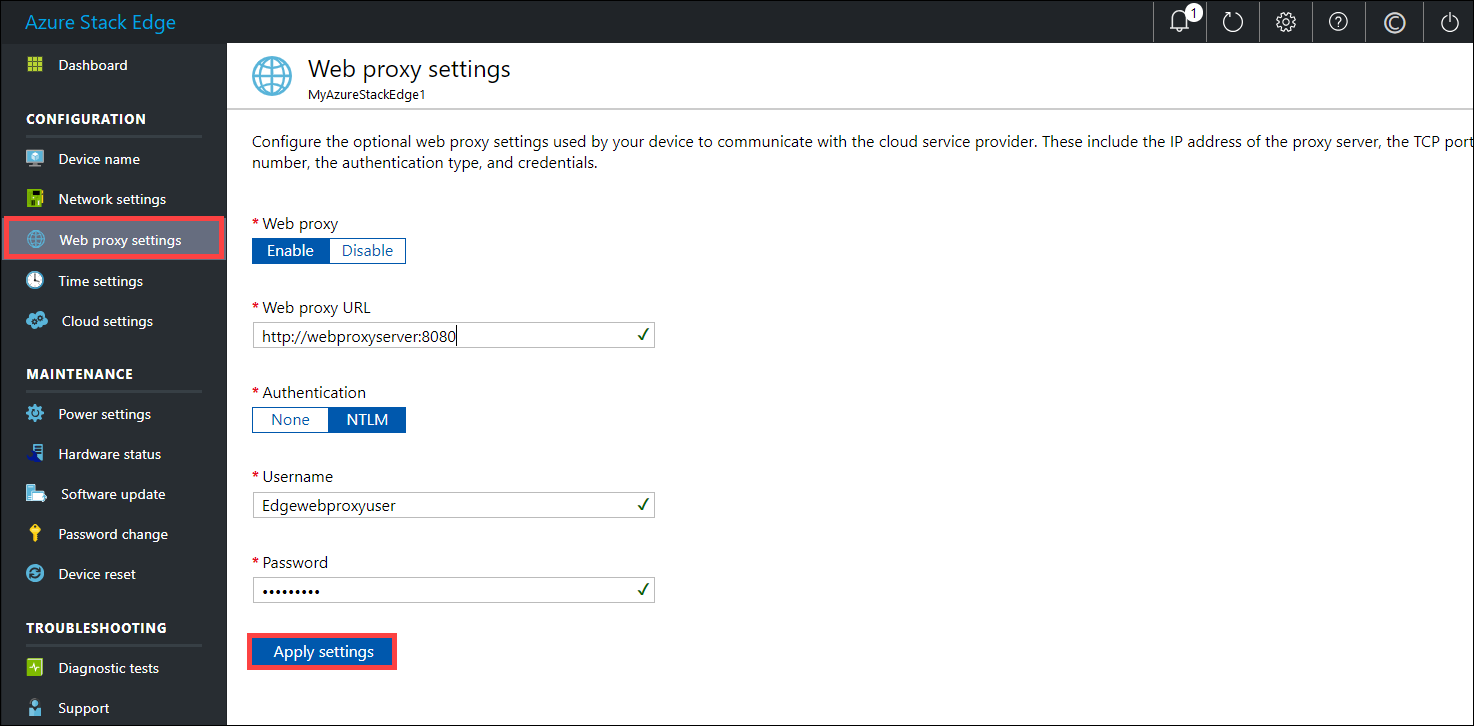 Local web UI "Web proxy settings" page