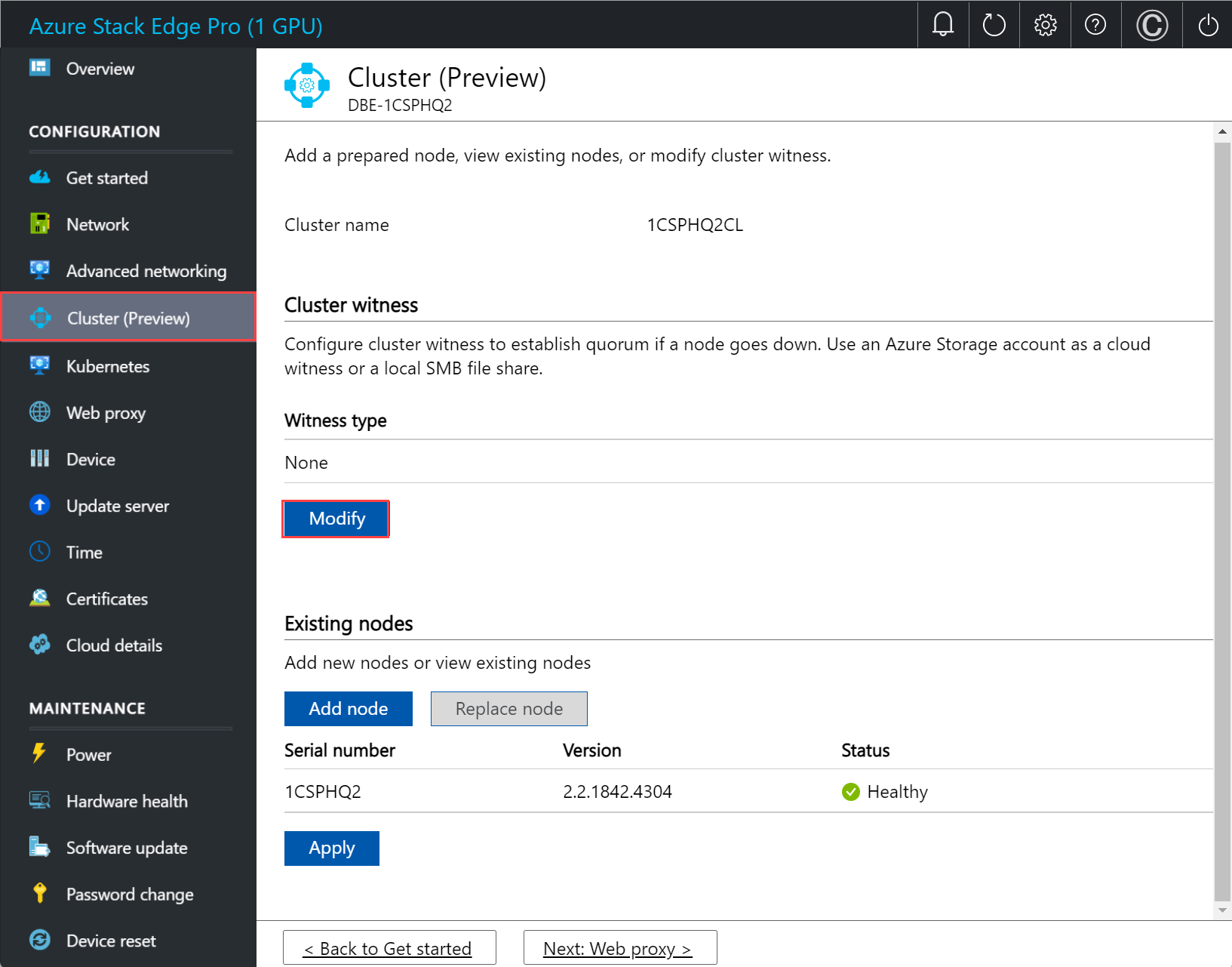 Local web UI "Cluster" page with "Modify" option selected for "Cluster witness" on first node