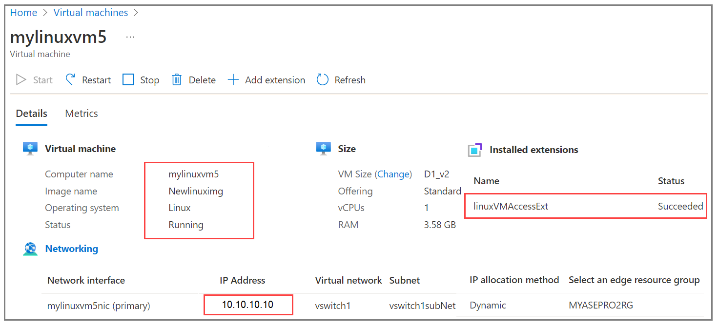 Screenshot of the VM details pane with call-outs for the network interface and installed extensions on Linux.