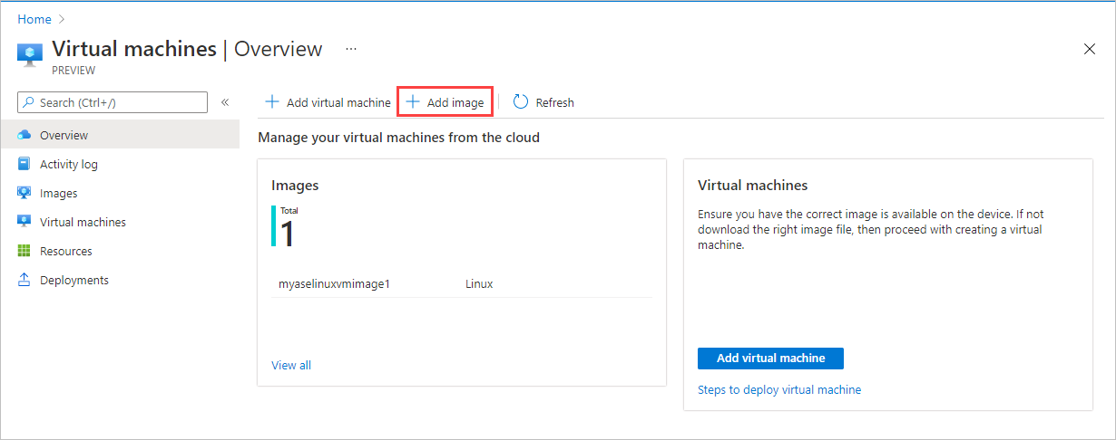 Screenshot of the Overview pane for Virtual Machines, with the Plus Add Image button highlighted.