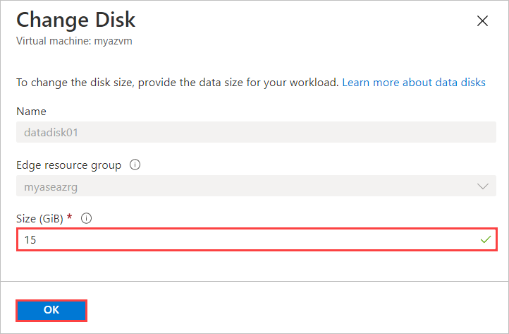 Screenshot of the Change Disk blade for a virtual machine. The Size option and the OK button are highlighted.