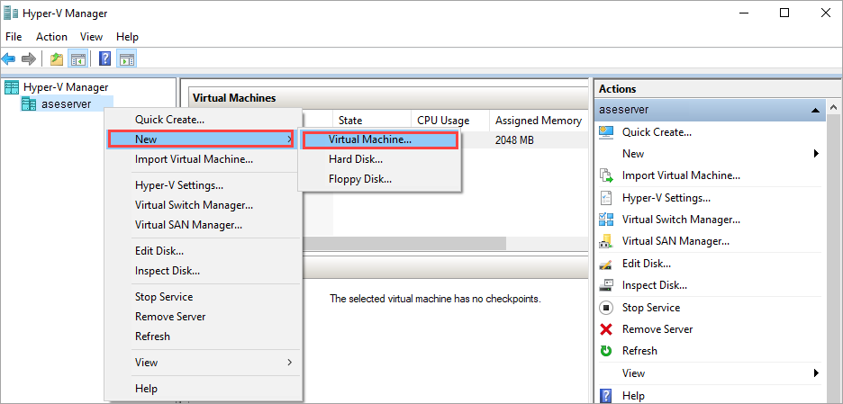 Select new virtual machine in scope pane