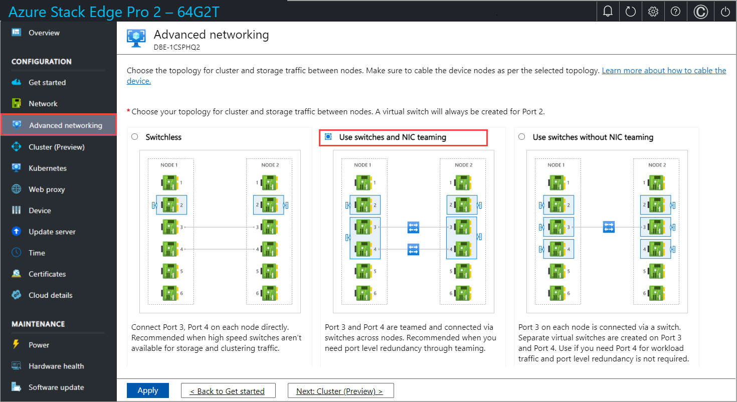 Screenshot of local web UI "Network" page with "Use switches and NIC teaming" option selected.