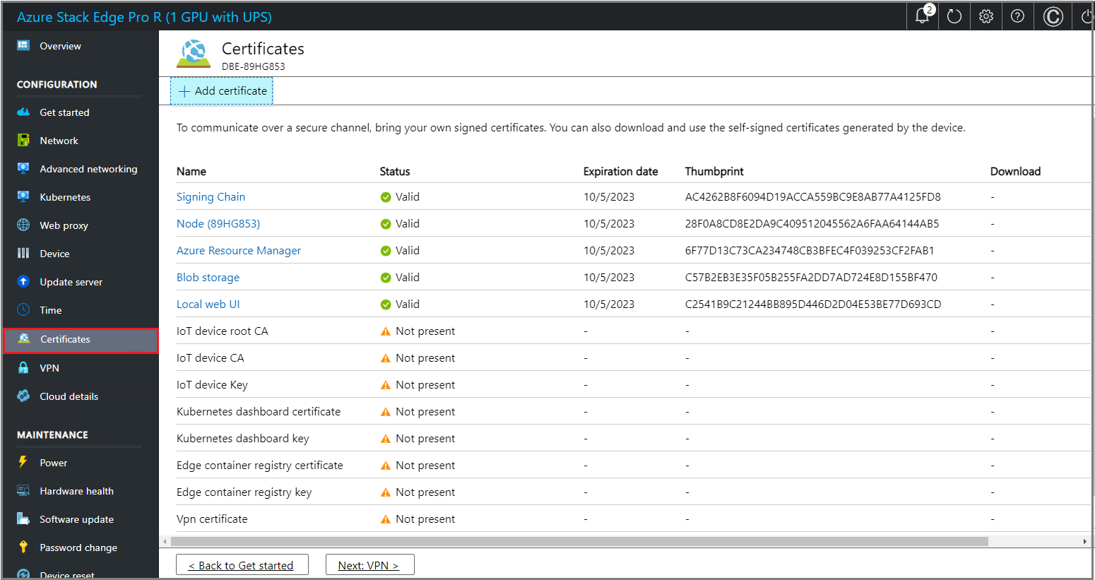 Local web UI "Certificates" page 10