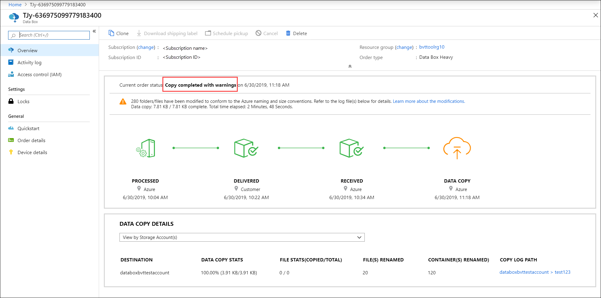 Path to copy log in Overview blade when completed with warnings