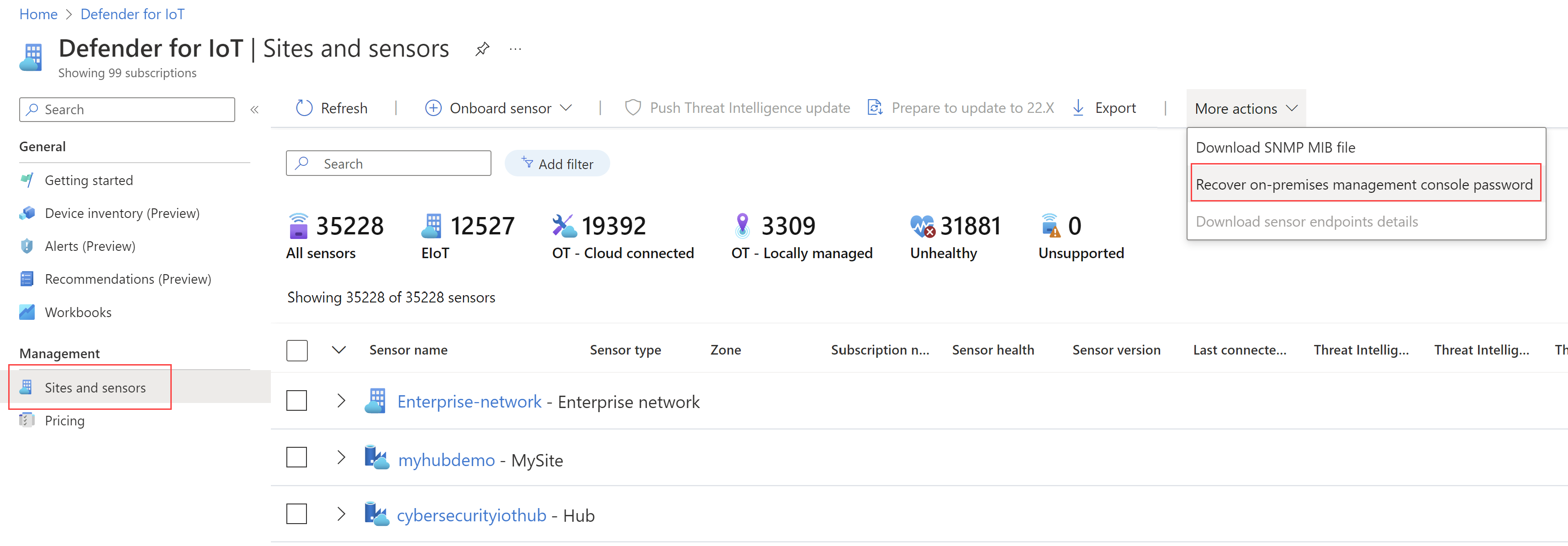  Screenshot of the recover on-premises management console password option.