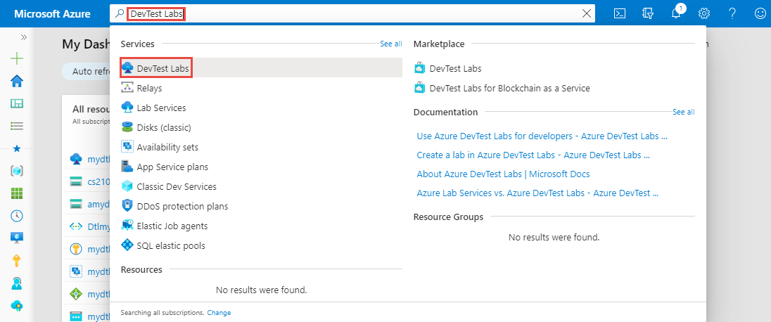 Search for and select DevTest Labs