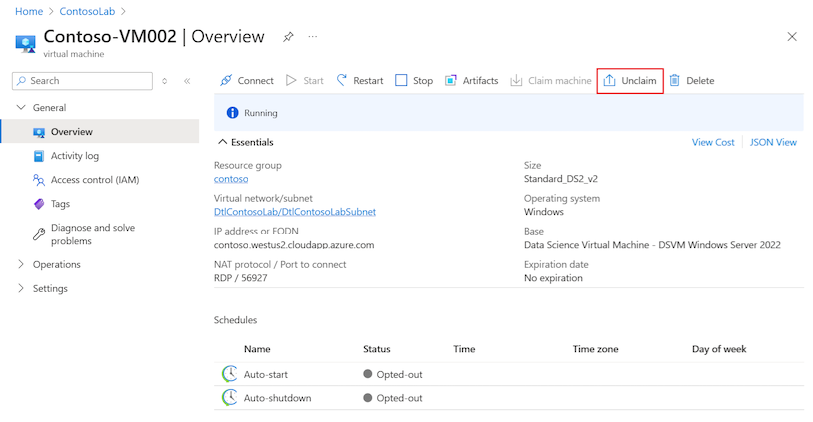 Screenshot that shows how to unclaim a VM from the machine Overview page.