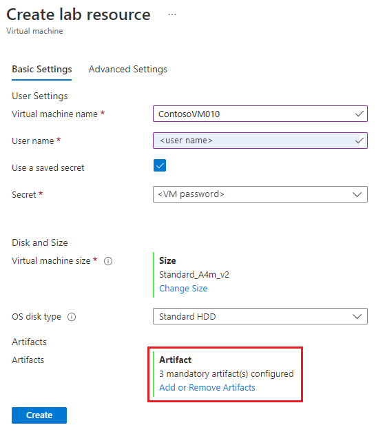 Screenshot that shows the Create lab resource screen with the number of mandatory artifacts and the Add or Remove Artifacts option.