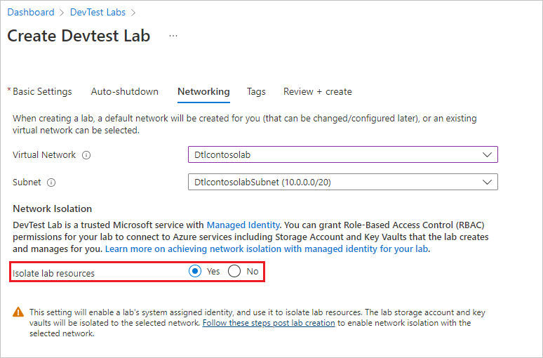 Screenshot that shows enabling network isolation for a selected network.