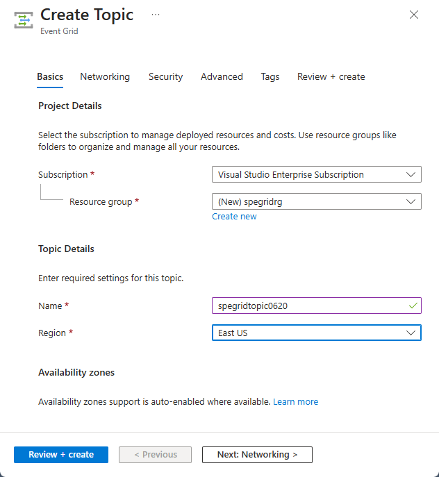 Screenshot that shows the pane for creating a topic.