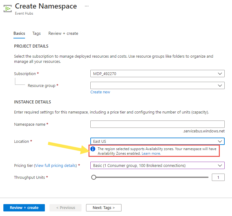 Screenshot showing the Create Namespace page with a region that has availability zones.