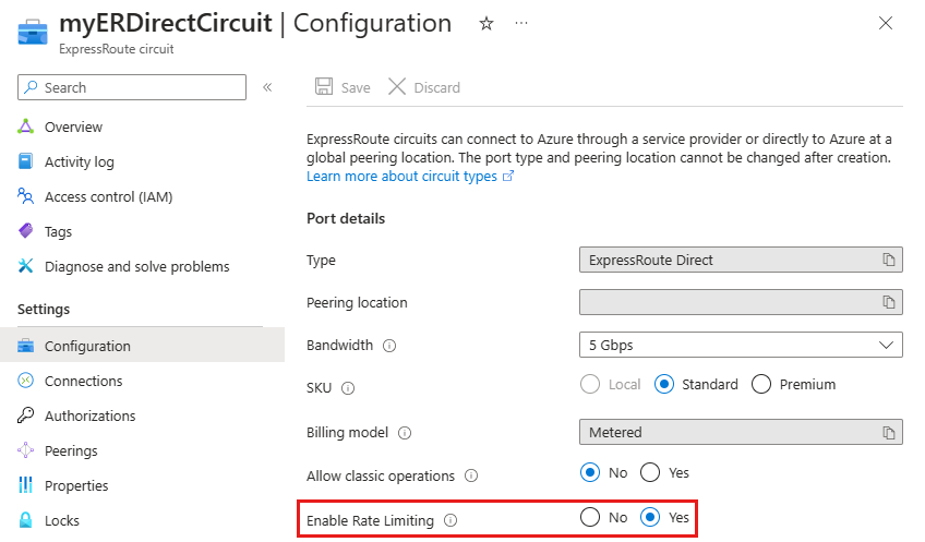 Screenshot of the configuration page for an ExpressRoute Direct circuit showing the Enable Rate Limiting setting set to Yes.