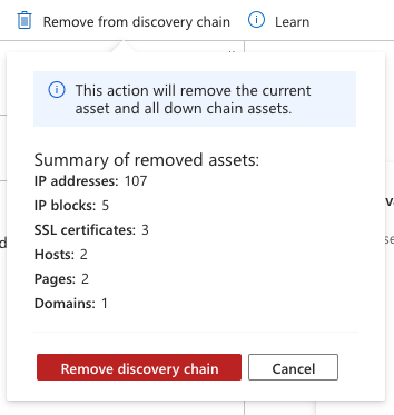 Screenshot that shows the box that prompts users to confirm the removal of the current asset and all downstream assets, with a summary of the other assets that are removed with this action.