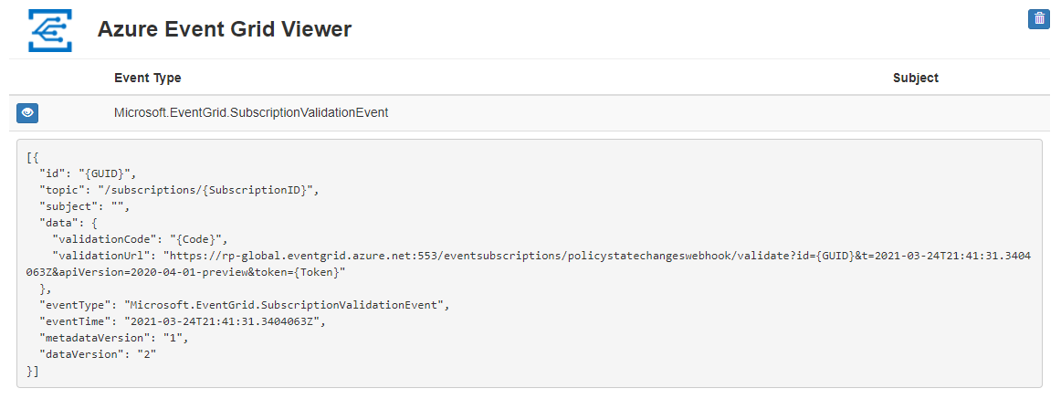 Screenshot of the Event Grid subscription validation event in the prebuilt web app.