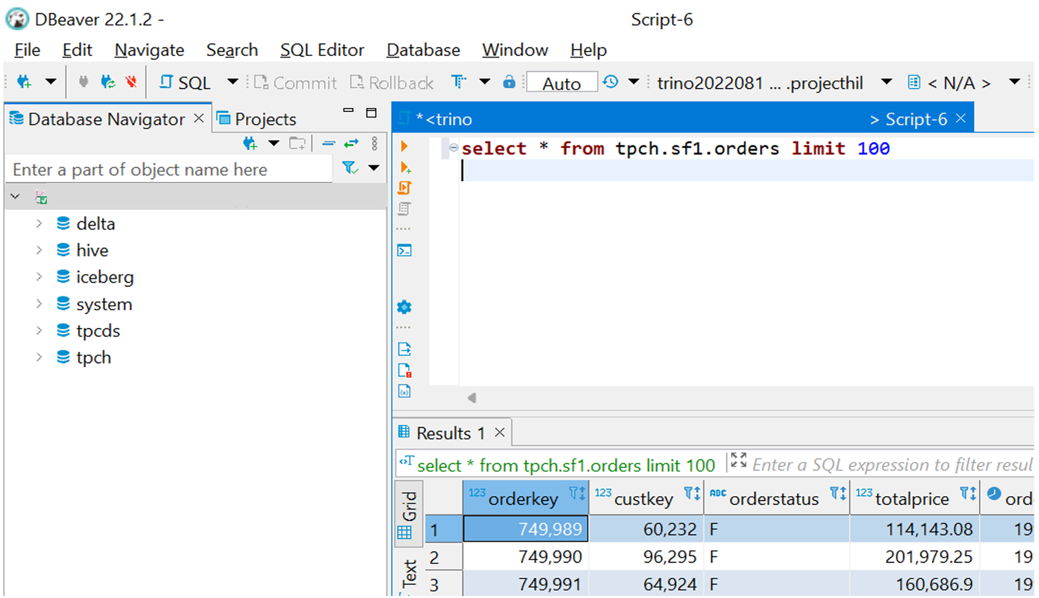 Screenshot showing Query Trino in DBeaver.