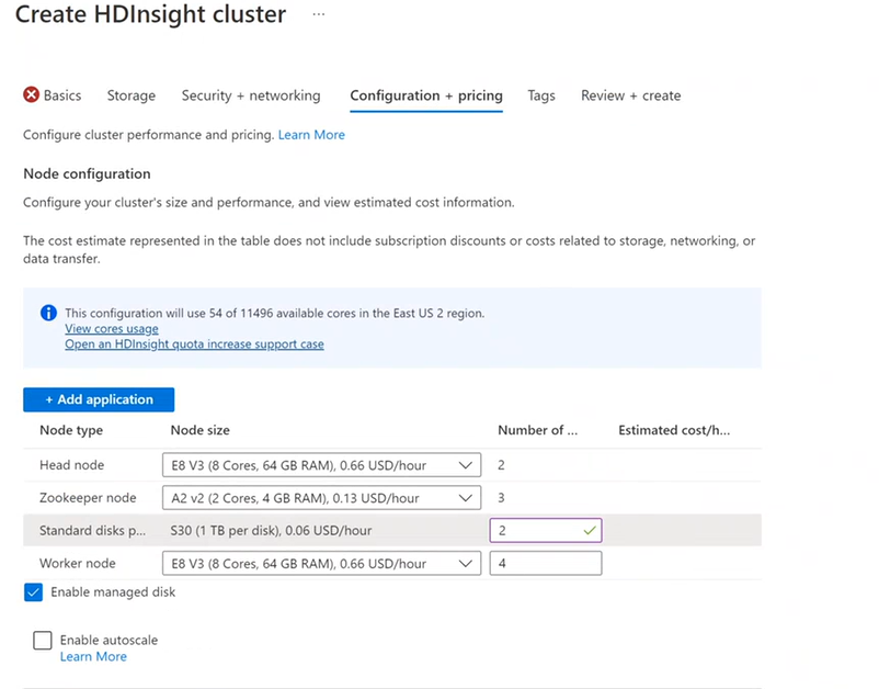 HDInsight choose your node size.