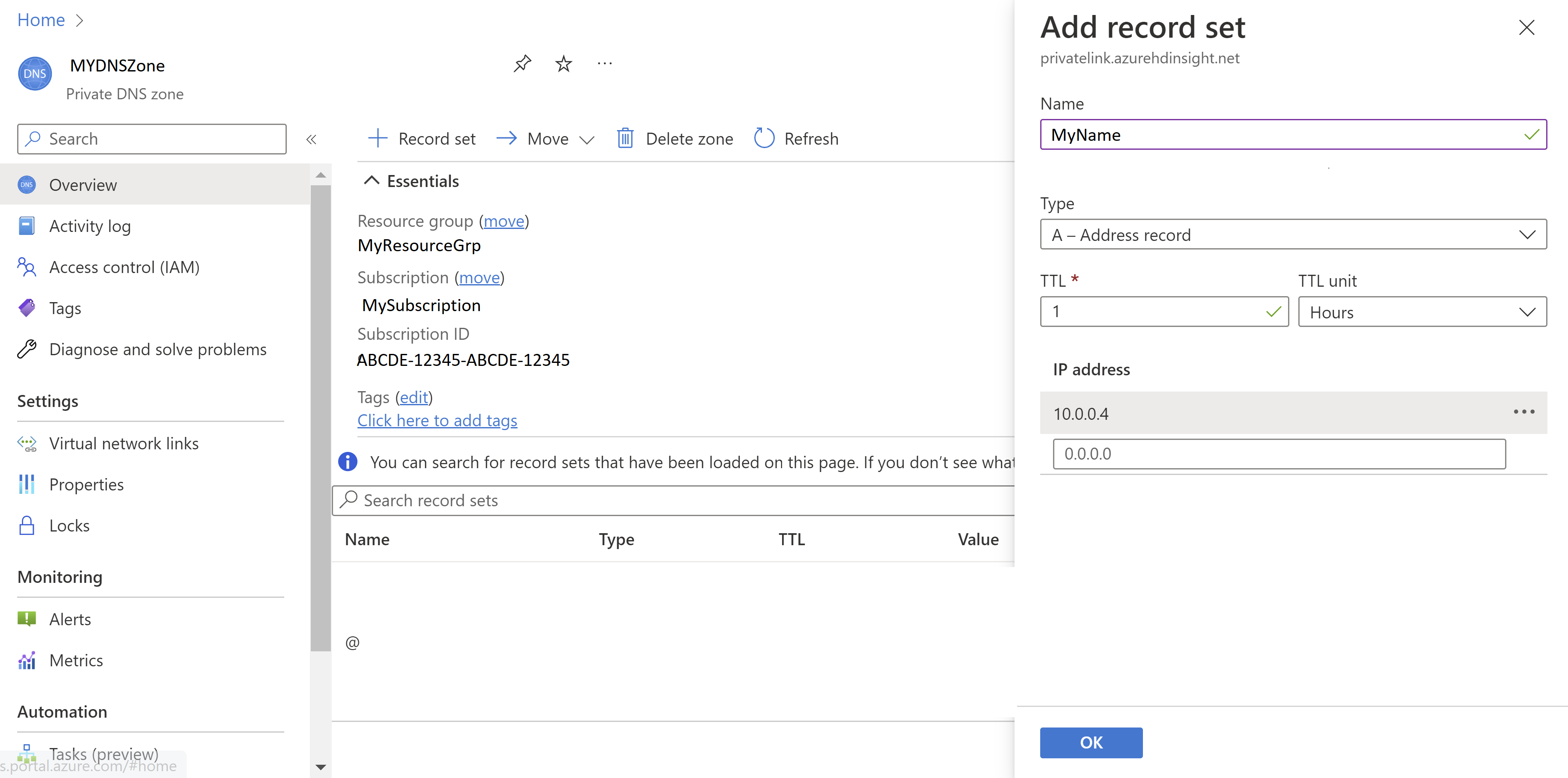 Diagram of private dns zone add record.