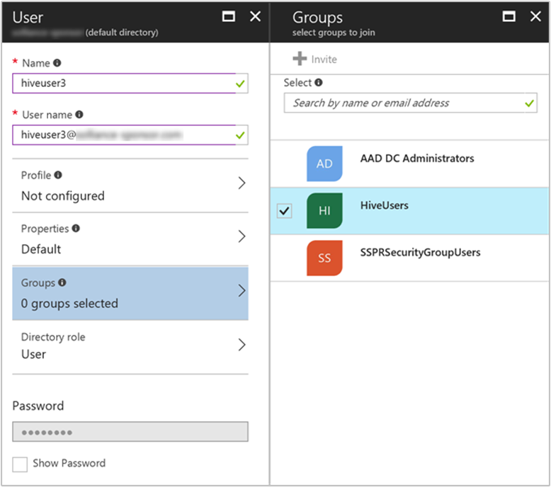 Azure portal user pane select groups.