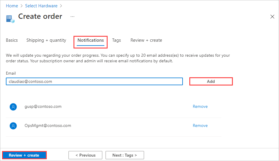 Screenshot of Notifications tab for Azure Edge Hardware Center order. Notifications tab, Add button, and Review Plus Create button are highlighted.