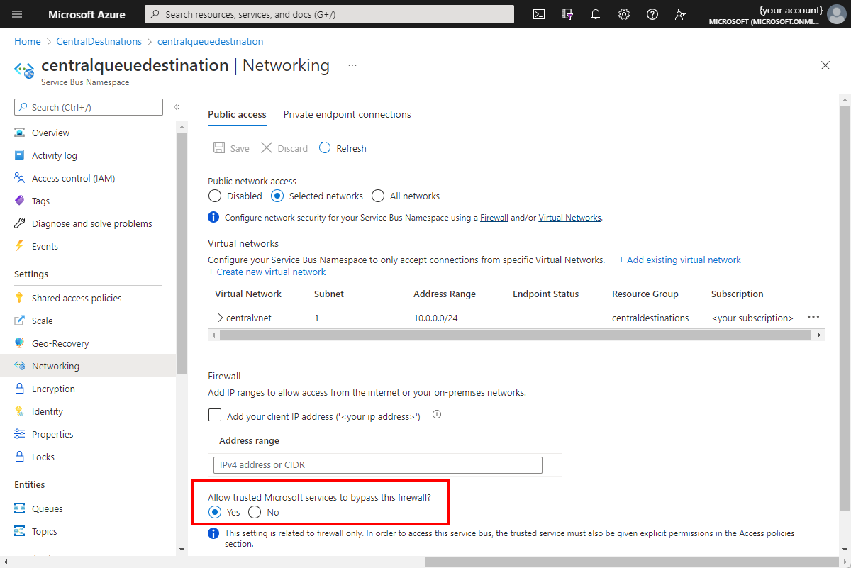 Screenshot from Azure portal that shows firewall exception for Azure Service Bus virtual network.