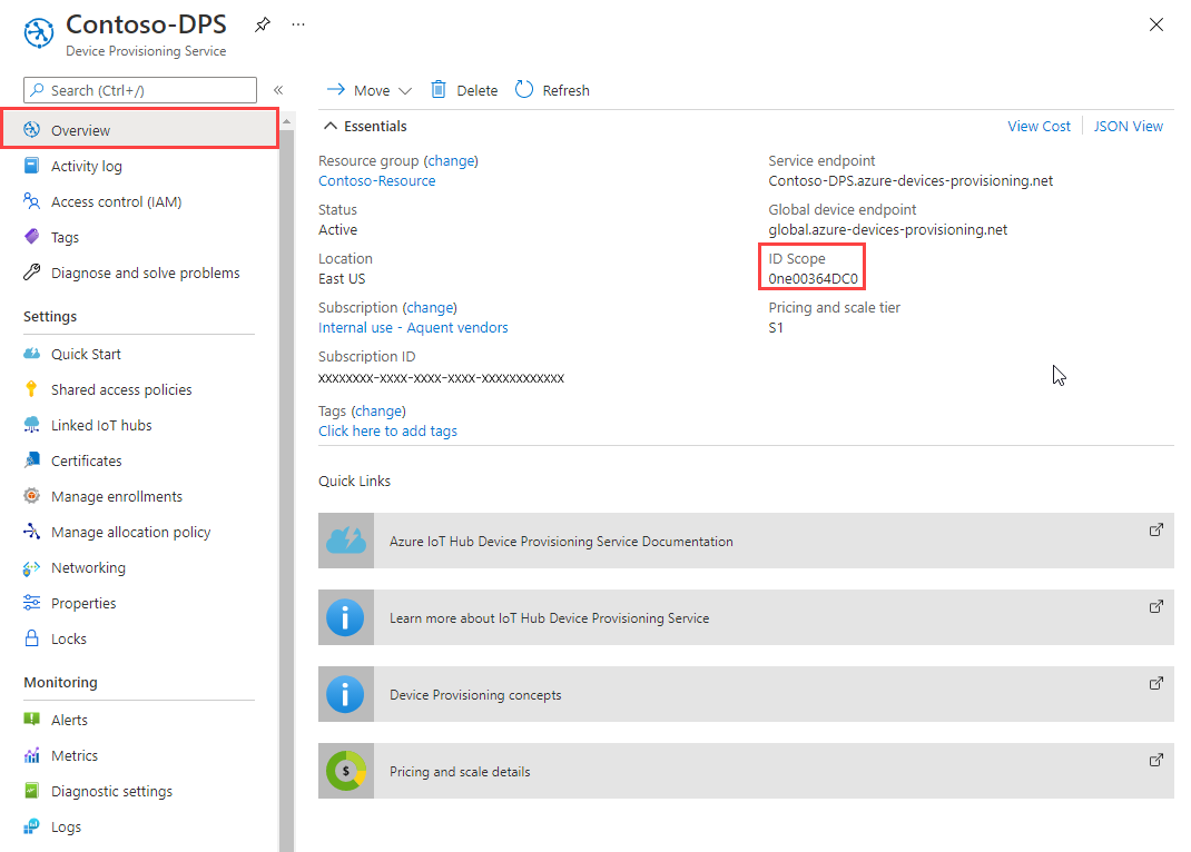 Screenshot showing the overview of the Device Provisioning Service instance, highlighting the ID Scope value for the instance.