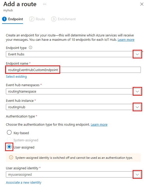 Screenshot that shows event hub endpoint with user assigned authentication.