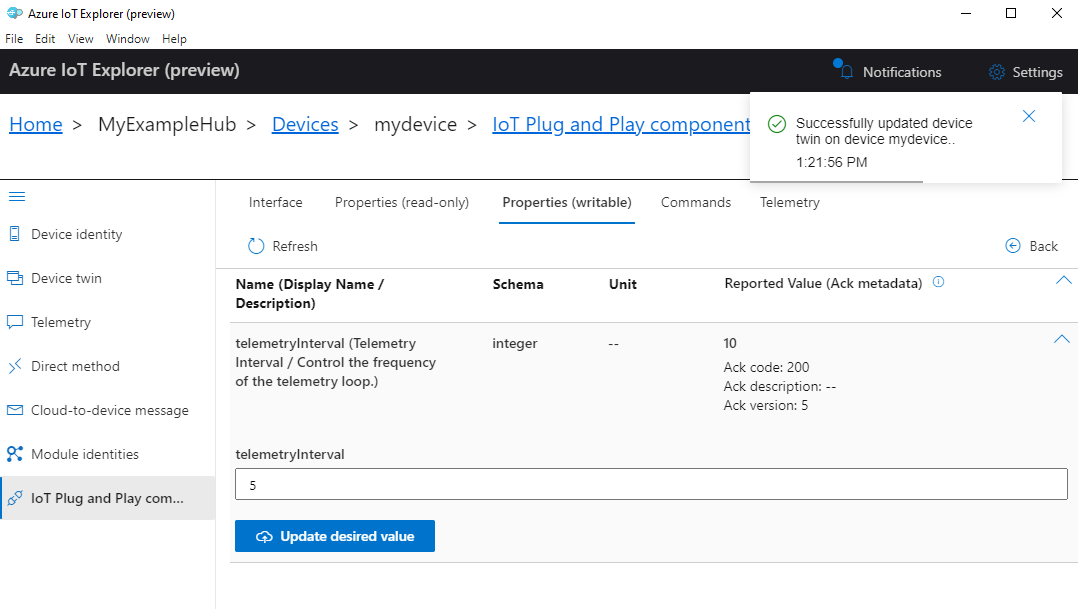 Screenshot of setting telemetry interval on MXCHIP DevKit in IoT Explorer