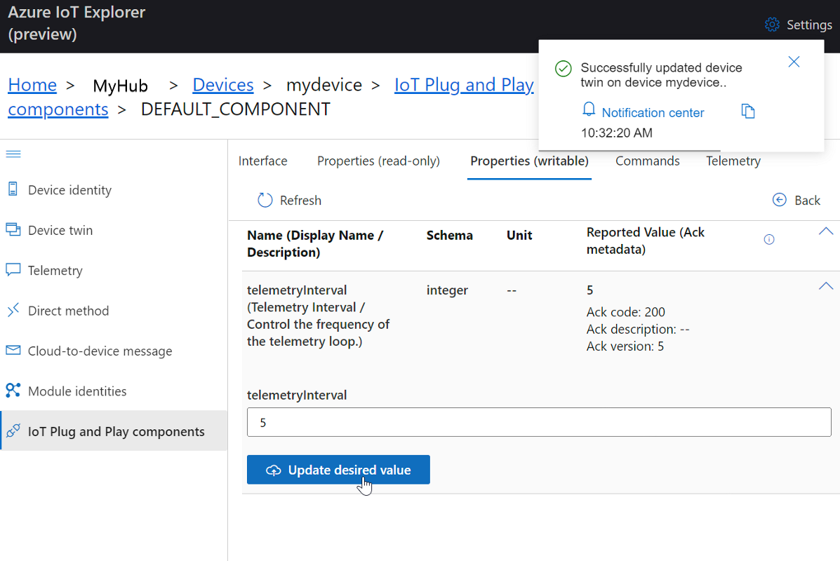 Screenshot of setting telemetry interval on STM DevKit in IoT Explorer.