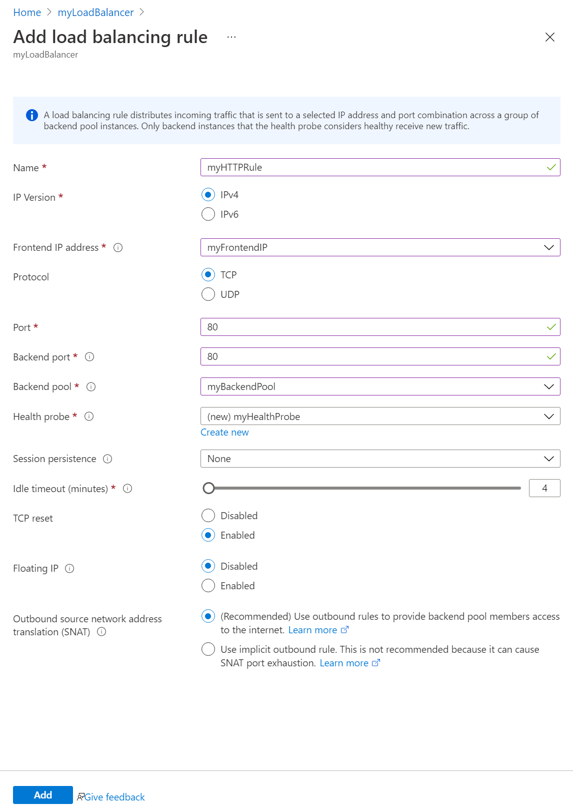 Screenshot of the add load balancer rule page.