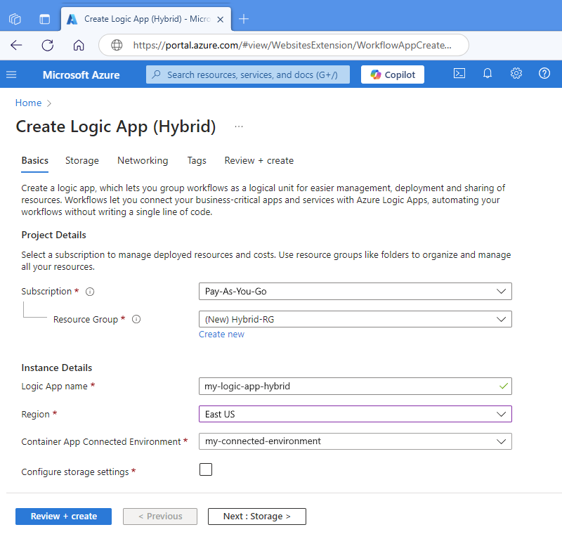 Screenshot shows Azure portal and logic app creation page.