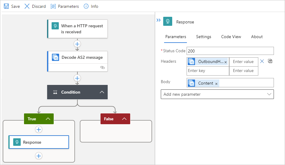 Screenshot showing single-tenant designer and resolved expression to access AS2 MDN.