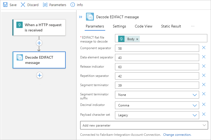 Screenshot showing the "Decode EDIFACT message" operation with the message decoding properties.