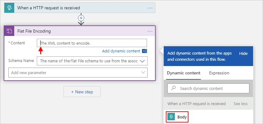 Screenshot showing Consumption workflow designer and "Content" property with dynamic content list and content selected for encoding.