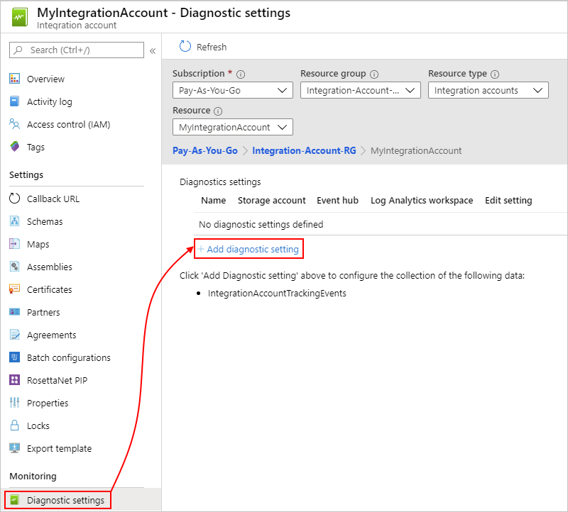 Under "Monitoring", select "Diagnostics settings"