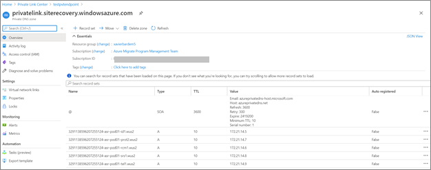 DNS records for Recovery Services vault