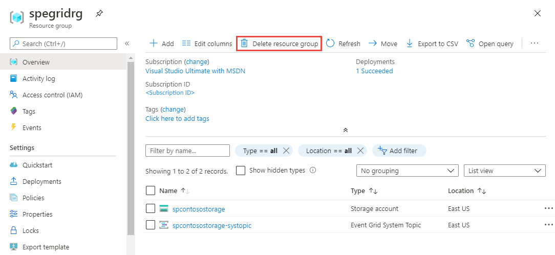 Screenshot of delete resource group.