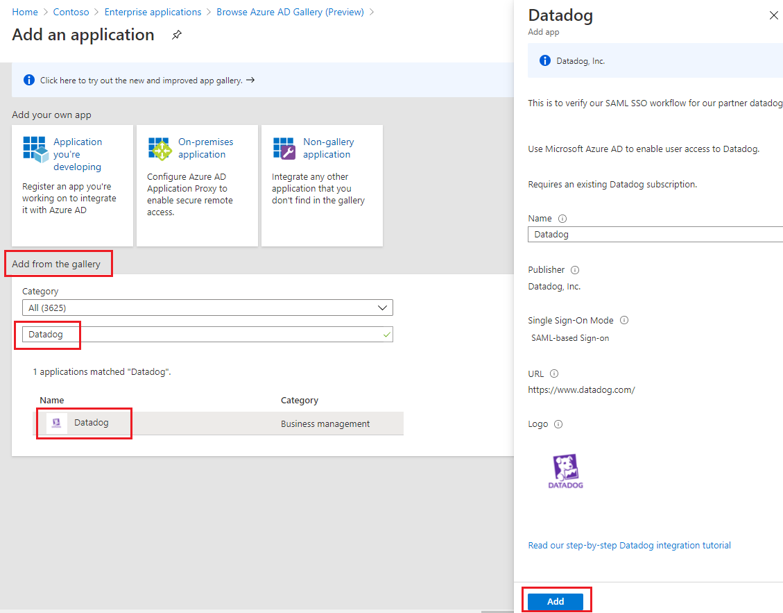 Datadog application in the Microsoft Entra enterprise gallery.