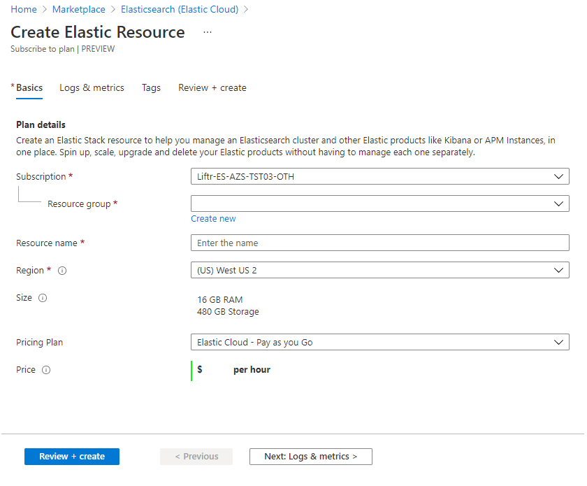 Form to set up Elastic resource.