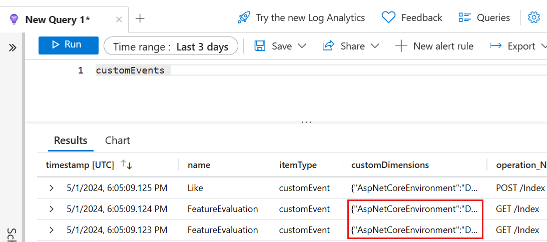 Screenshot of the Azure platform showing customDimension field.