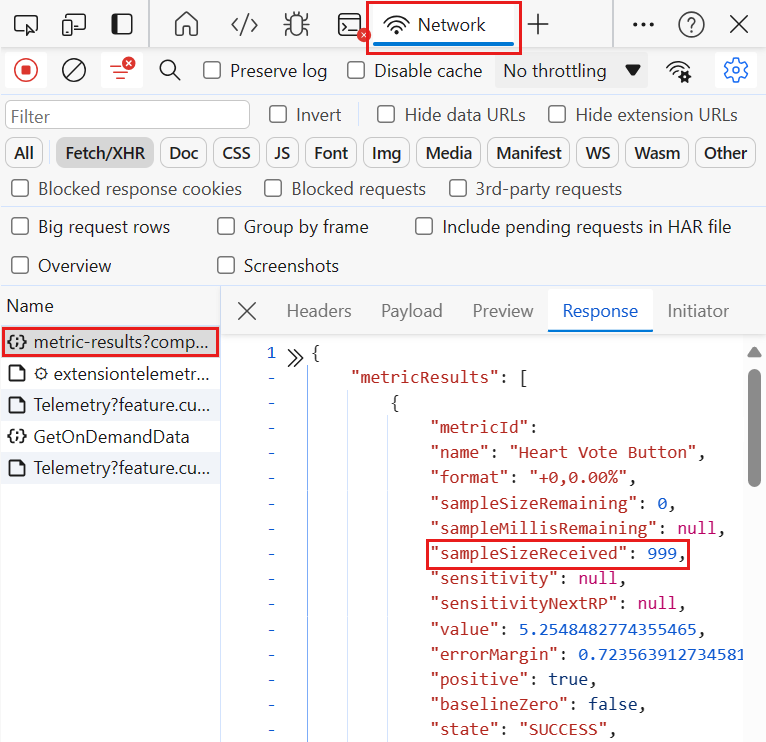 Screenshot of the Azure platform showing the sample size received in the developer tools.