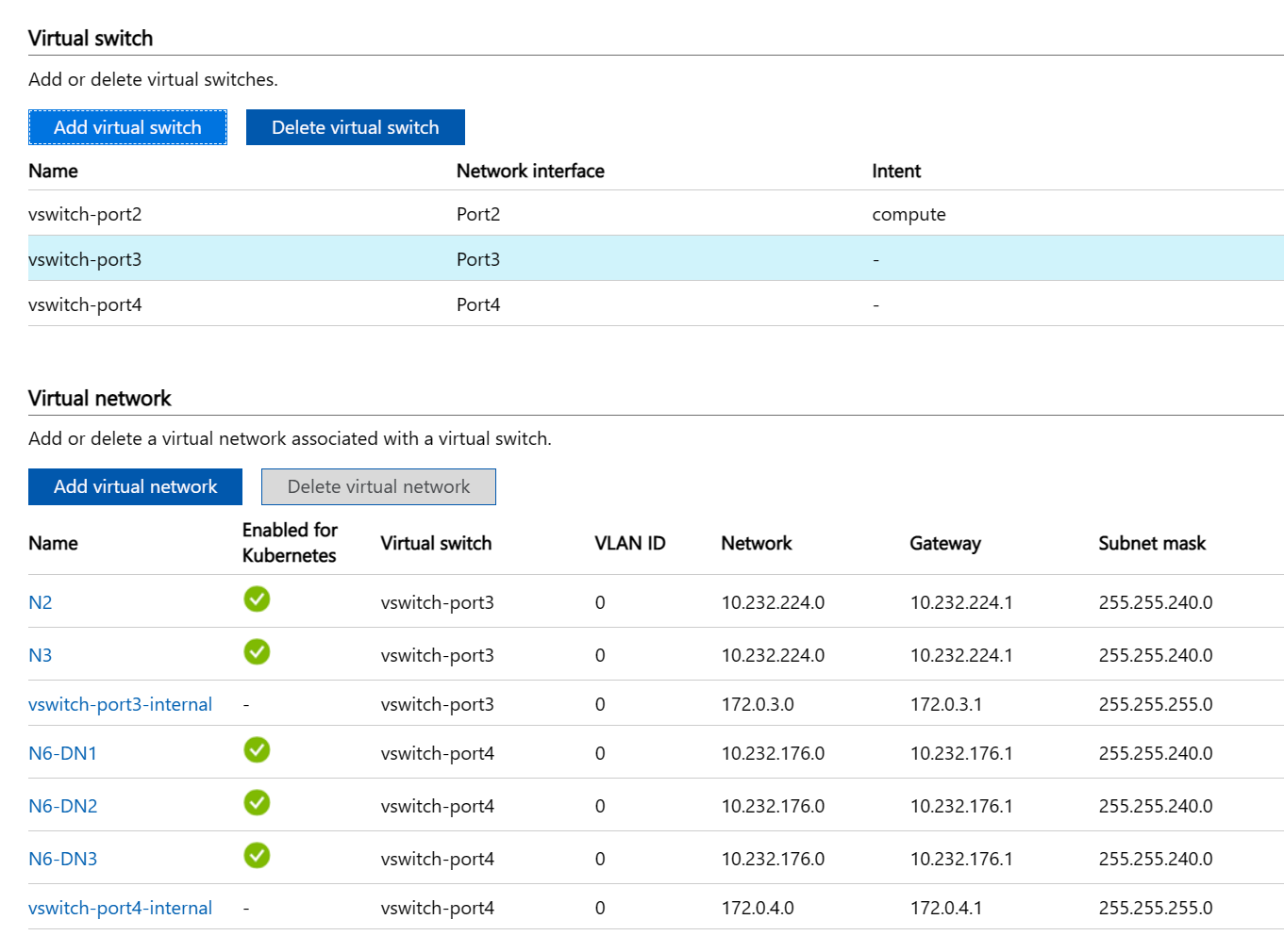 Screenshot showing Advanced networking, with a table of virtual switch information and a table of virtual network information.