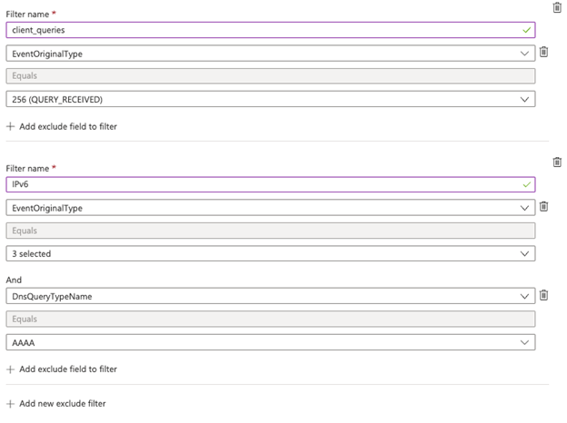 Screenshot of filtering out event IDs and IPv6 addresses for the Windows D N S over A M A connector.