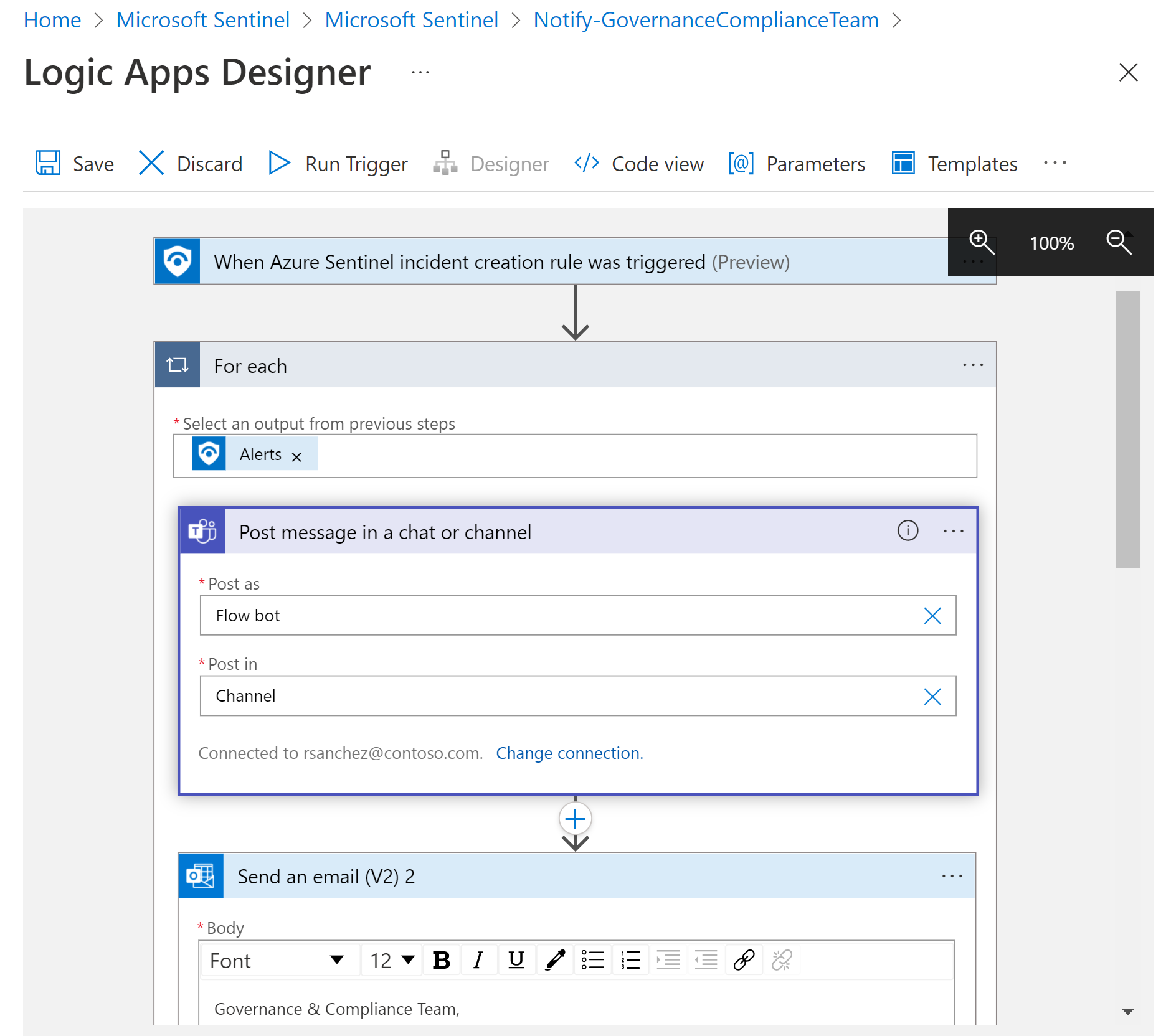 Screenshot of the Logic app designer showing a sample playbook.