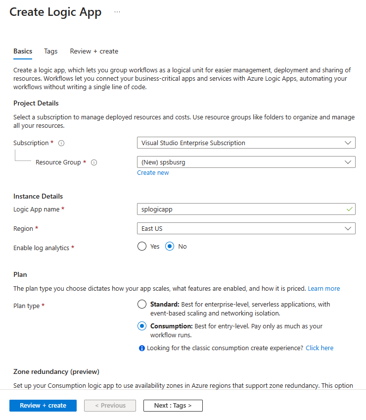 Screenshot that shows the Create a logic app page.