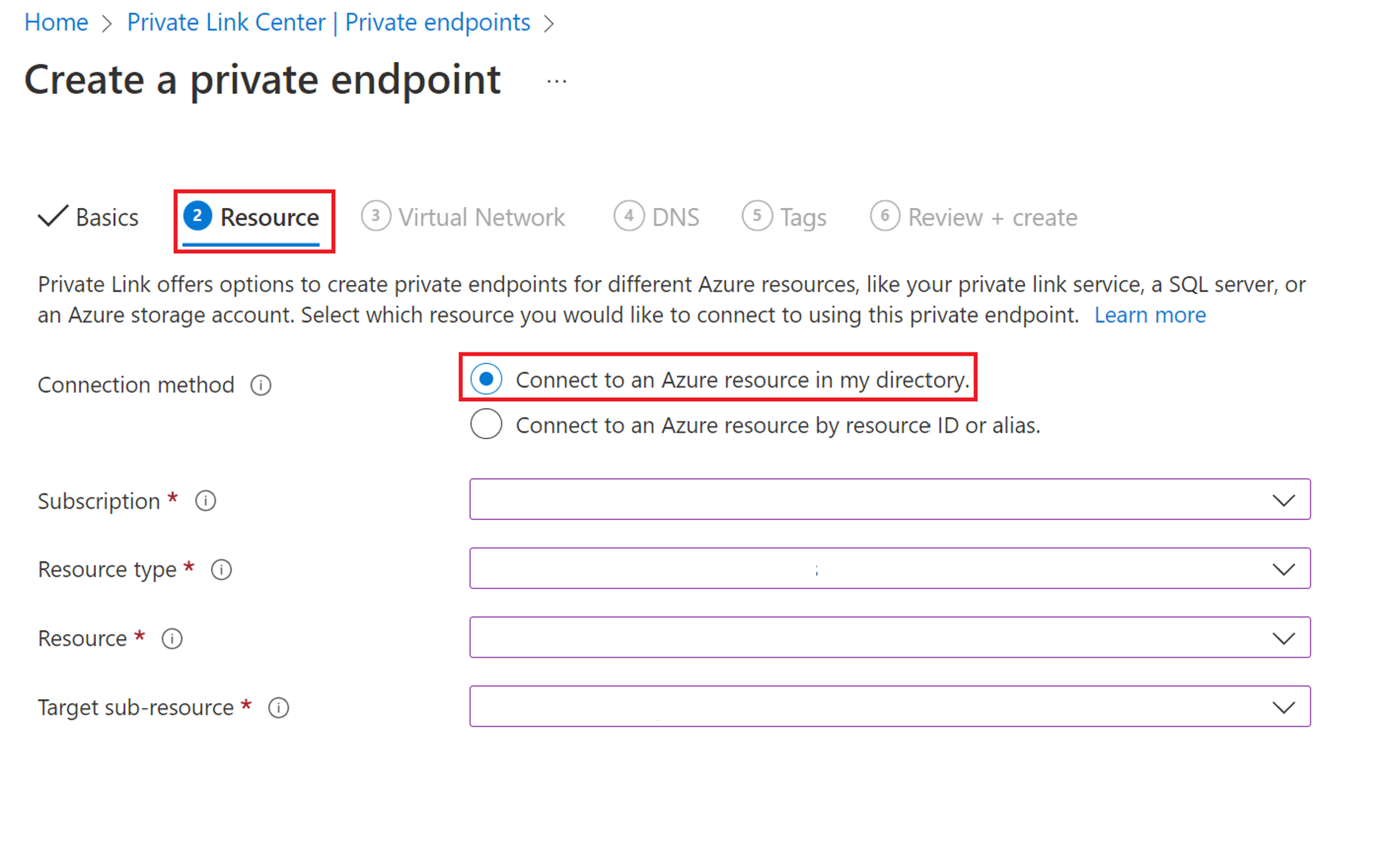 Screenshot that shows the Resource tab for linking to a private endpoint.