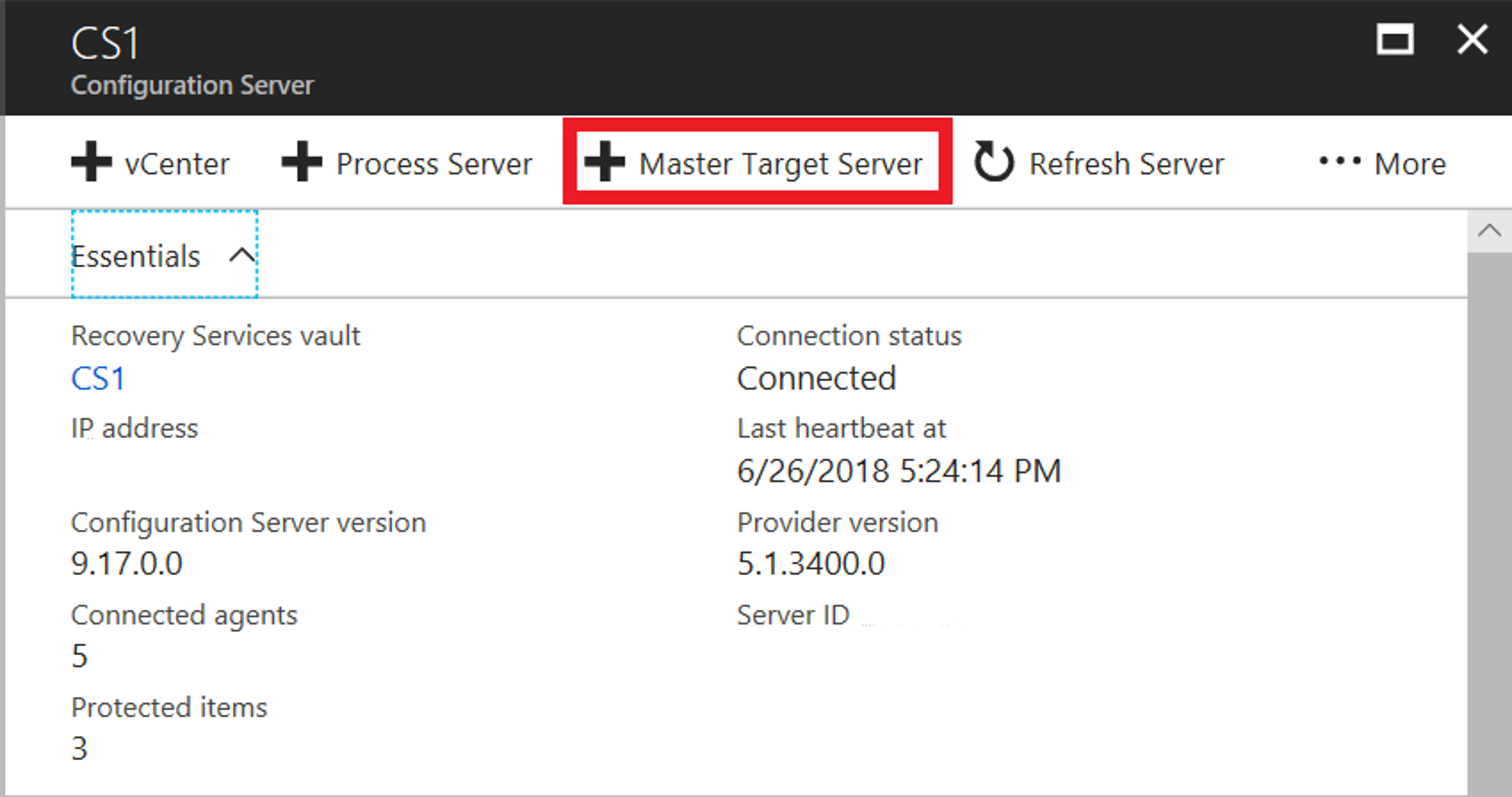 Screenshot that shows the Add Master Target Server button