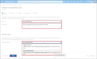 Screen capture of the migration job's Basics tab, showing the location of the data fields.