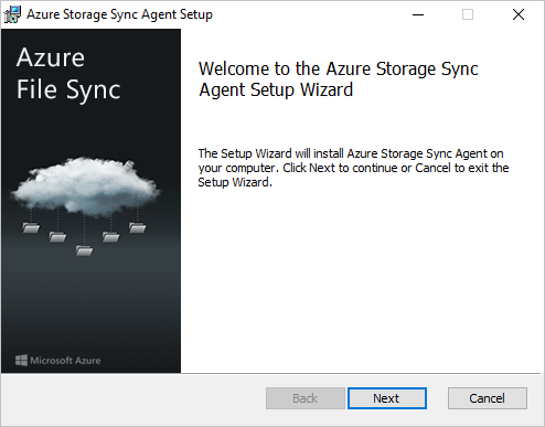 The first pane of the Azure File Sync agent installer.